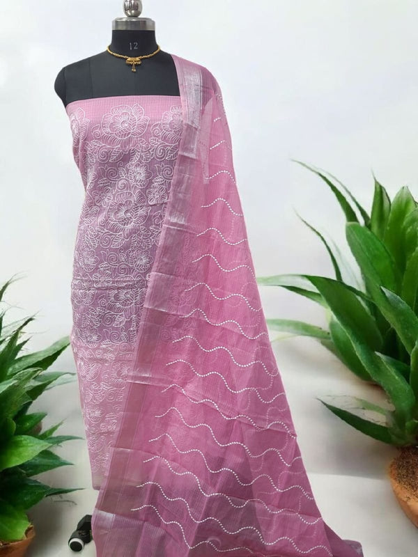 Pink Color Kota Doria Embroidery Unstitched Suit with Kota doria Dupatta - Leheriya