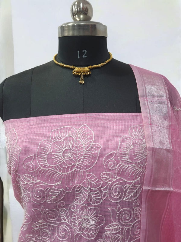 Pink Color Kota Doria Embroidery Unstitched Suit with Kota doria Dupatta - Leheriya