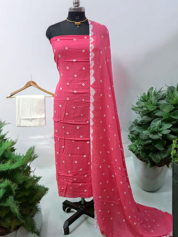Pink Color Unstitched Salwar Suit with Fancy Color Bandhani Dupatta - Leheriya