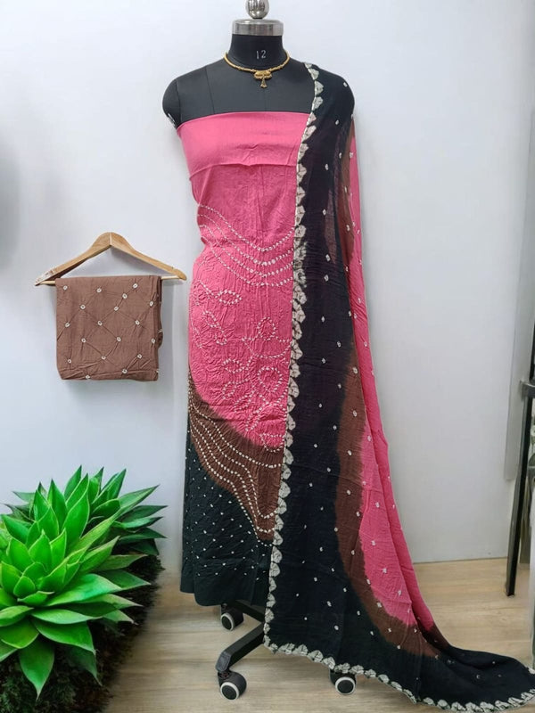 Pink Color Unstitched Salwar Suit with Fancy Color Bandhani Dupatta - Leheriya