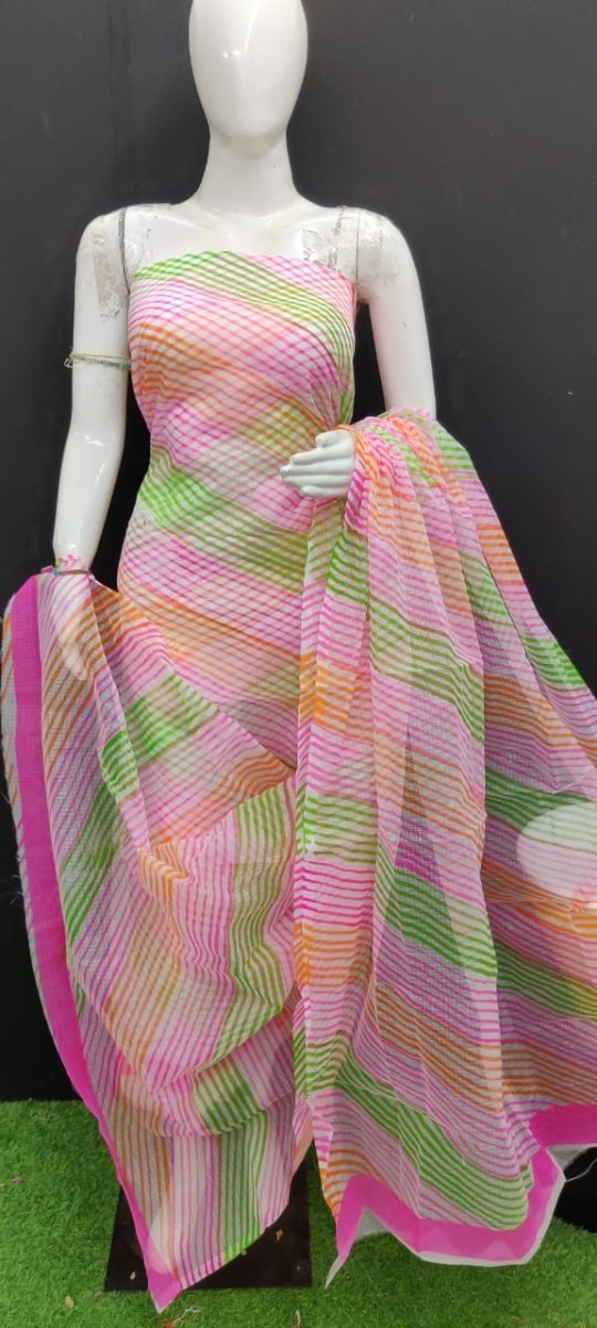 Pink & Green Leheriya Printed Kota Doria Salwar Suit - Leheriya