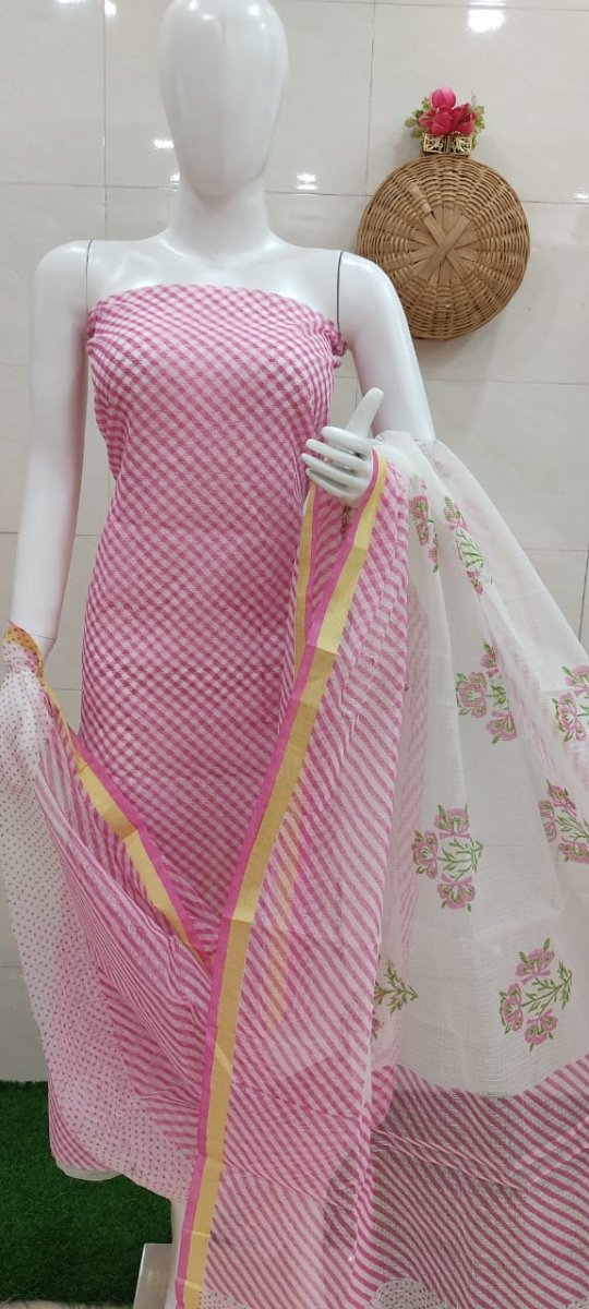 Pink Hand Block Printed Kota Doria Leheriya Salwar Suit - Leheriya
