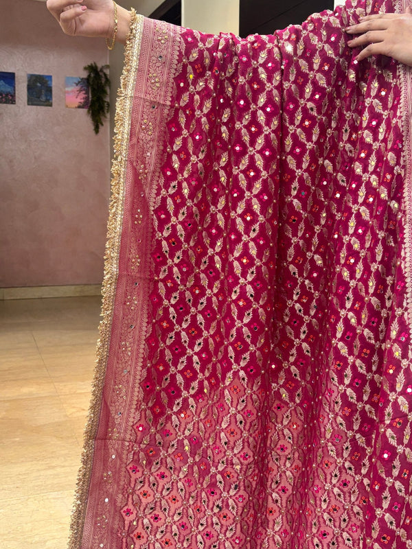 Pink Leheriya Exclusive Bridal Bandhani Real Mirror Work Dupatta - Leheriya