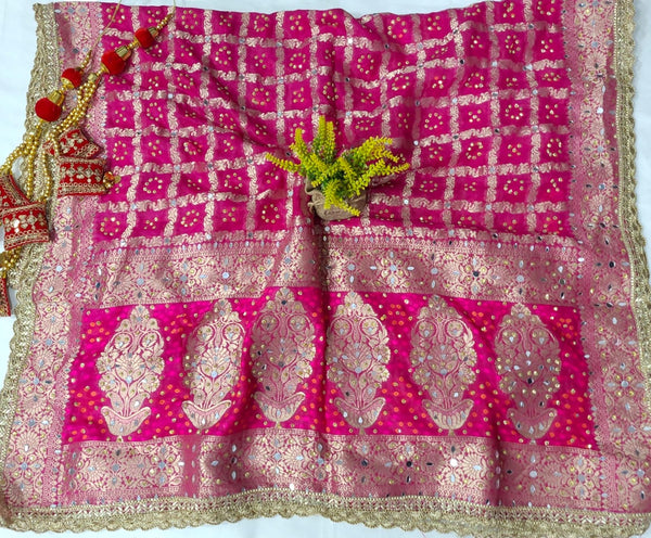 Pink Leheriya Exclusive Bridal Bandhani Real Mirror Work Dupatta - Leheriya