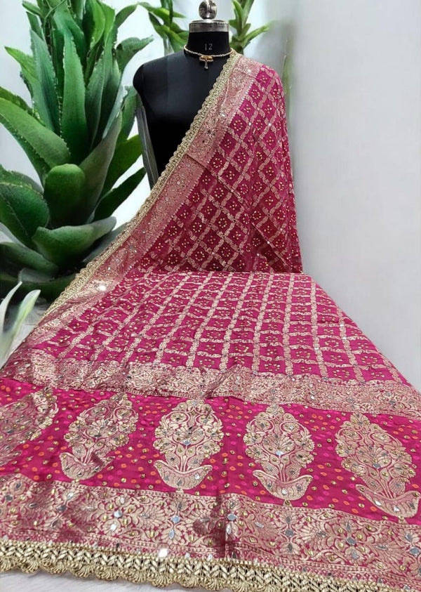 Pink Leheriya Exclusive Bridal Bandhani Real Mirror Work Dupatta - Leheriya