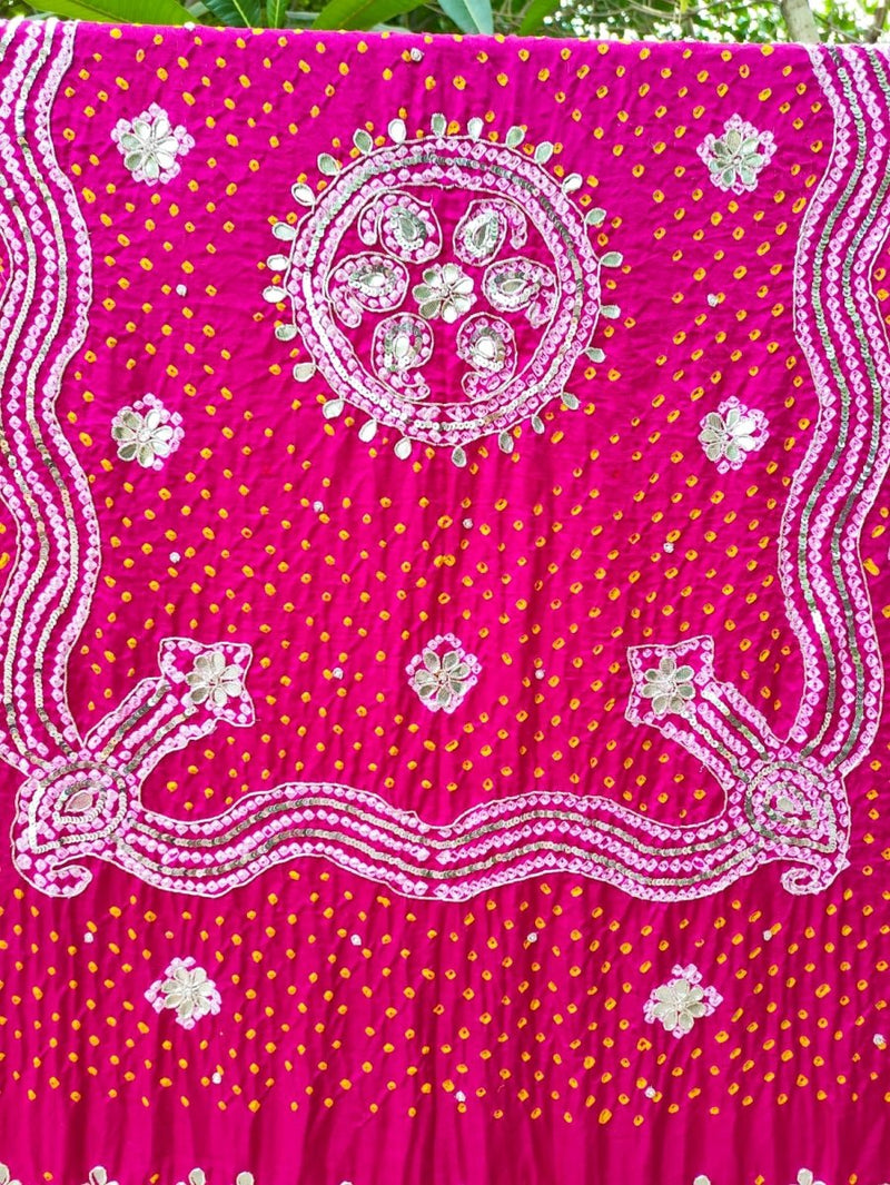 Pink Leheriya Exclusive Pure Gaji Silk Heavy Gota Patti Work Bandhani Dupatta - Leheriya