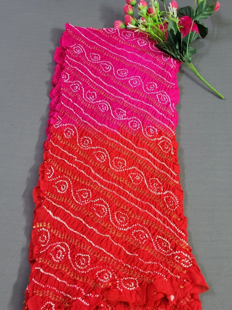 Pink Red Shaded Pure Crepe Bandhani Dupatta - Leheriya