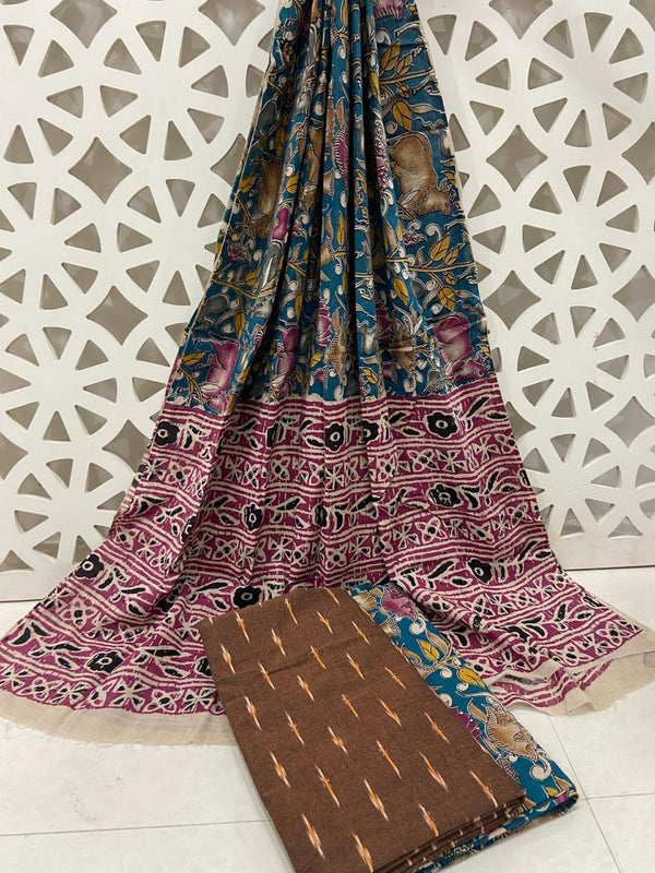 Pochampally Pure Cotton Ikat 3 pc Salwar Suit with Kalamkari Bottom and Dupatta - Leheriya