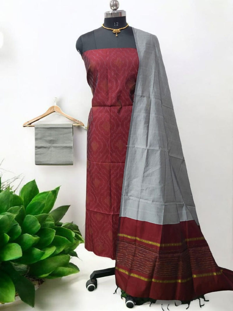 white christmas dresses Red and Navy Pochampally Ikat Cotton Handloom Dupatta with Grill Pallu  Design ds3939 – Uppada main image 0