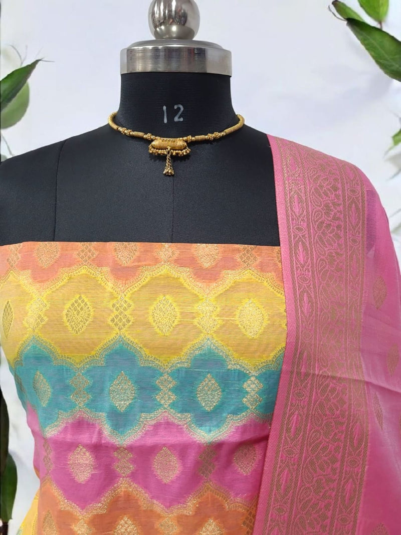 Premium Banarasi Jamdani Tilfi Unstitched Salwar Suit All Over Jacquard Weaving - Leheriya