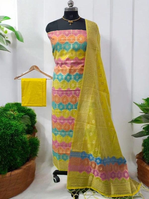 Premium Banarasi Jamdani Tilfi Unstitched Salwar Suit All Over Jacquard Weaving - Leheriya