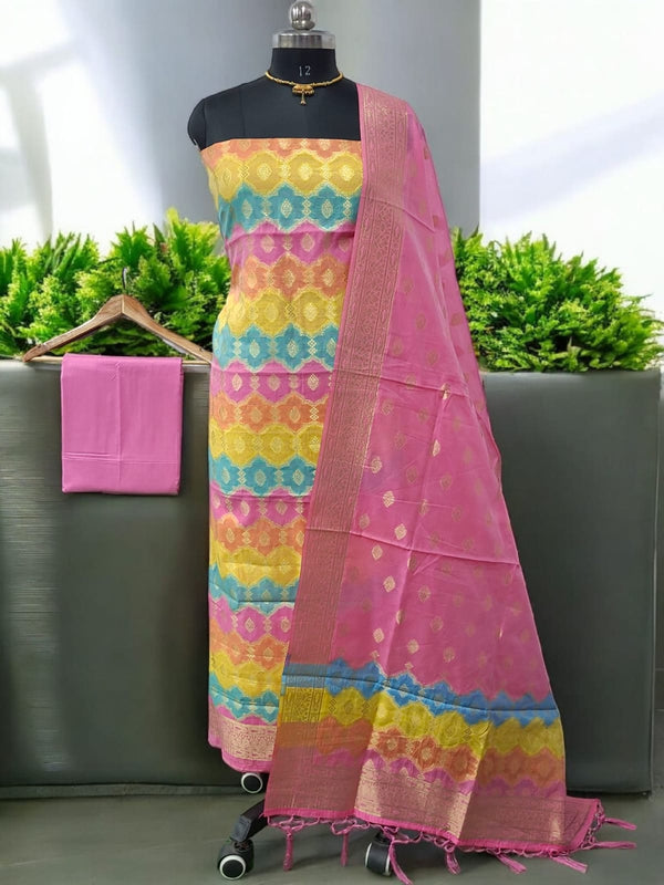 Premium Banarasi Jamdani Tilfi Unstitched Salwar Suit All Over Jacquard Weaving - Leheriya