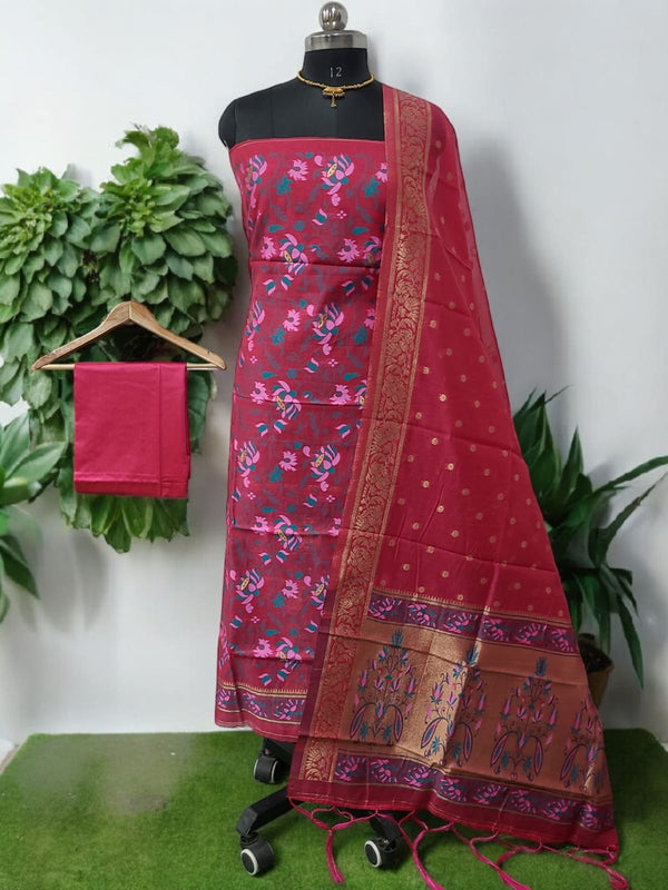 Premium Banarasi Jamdani Tilfi Unstitched Salwar Suit All Over Jacquard Weaving | Pink - Leheriya