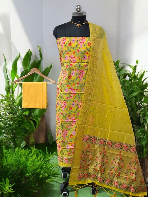 Premium Banarasi Jamdani Tilfi Unstitched Salwar Suit All Over Jacquard Weaving |Yellow - Leheriya