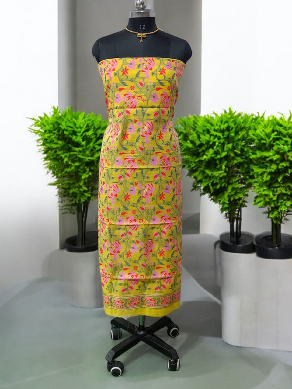 Premium Banarasi Jamdani Tilfi Unstitched Salwar Suit All Over Jacquard Weaving |Yellow - Leheriya