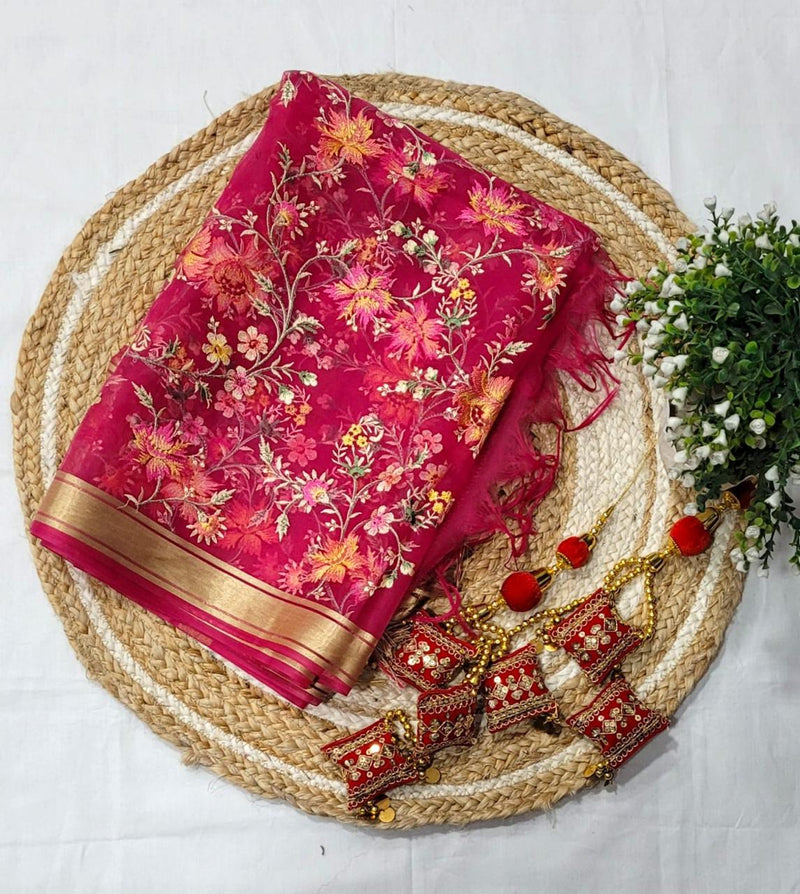 Premium Embroidery Work Organza Dupatta pink - Leheriya