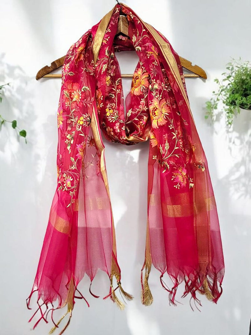 Premium Embroidery Work Organza Dupatta pink - Leheriya