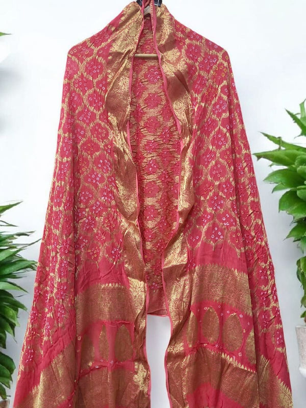 Premium Georgette Banarasi Bandhej Gharchola Dupatta Dark Pink Color - Leheriya