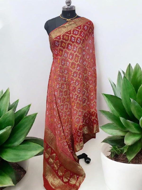 Premium Georgette Banarasi Bandhej Gharchola Dupatta Peach /Red Shaded Color - Leheriya