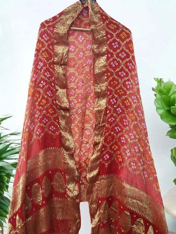 Premium Georgette Banarasi Bandhej Gharchola Dupatta Peach /Red Shaded Color - Leheriya