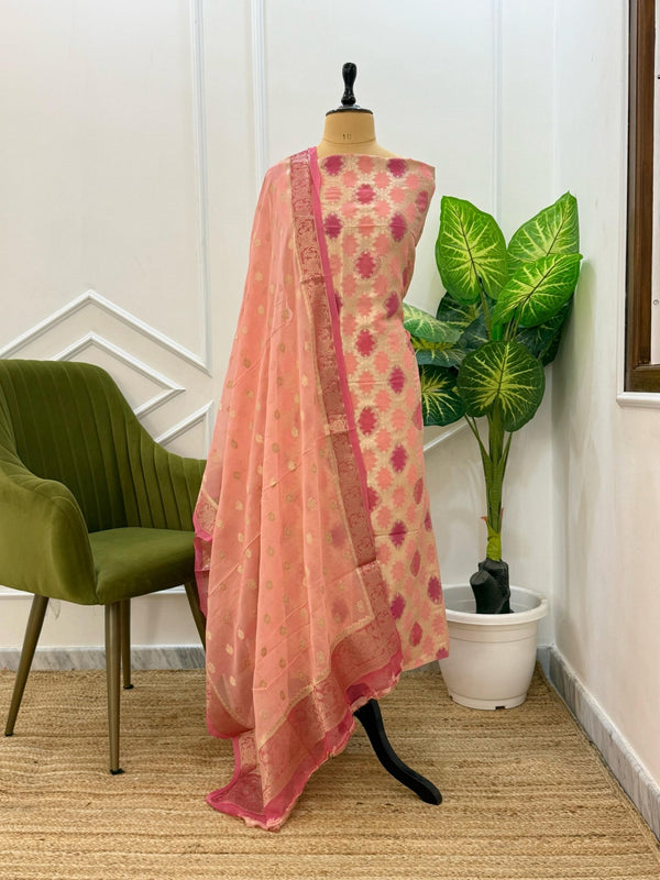 Premium Georgette Booti Rangkat Dye 3 Pc Unstitched Salwar Suit - Leheriya