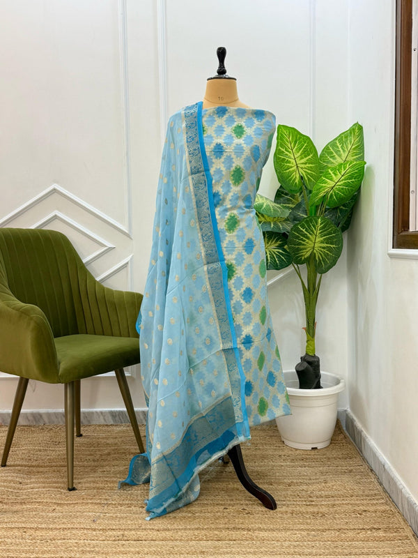 Premium Georgette Booti Rangkat Dye 3 Pc Unstitched Salwar Suit - Leheriya