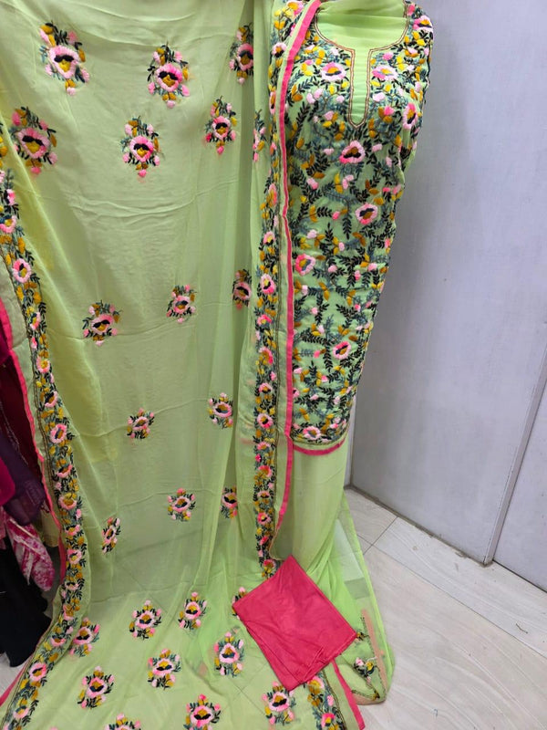 Premium Georgette Phulkari Handwork 3 pc Unstitched Salwar Suit - Leheriya