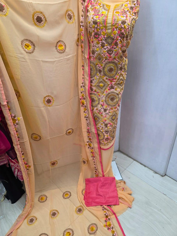 Premium Georgette Phulkari Handwork 3 pc Unstitched Salwar Suit - Leheriya