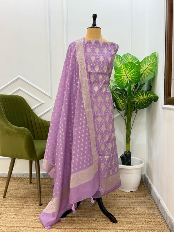 Premium Georgette Silk Banarasi 3 pc Unstitched Salwar Suit - Leheriya