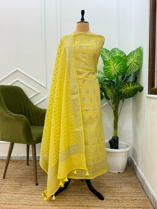 Premium Georgette Silk Banarasi 3 pc Unstitched Salwar Suit - Leheriya