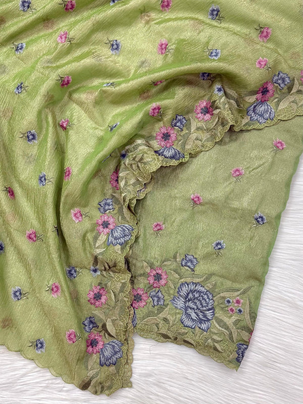 Premium Georgette Tissue Crush Fancy Embroidery 3 Pc Unstitched Salwar Suit - Leheriya