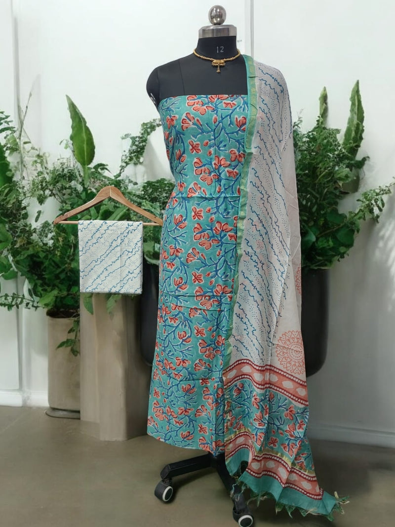 Premium Hand Block Print Chanderi Silk 3 pc Salwar Suit - Leheriya