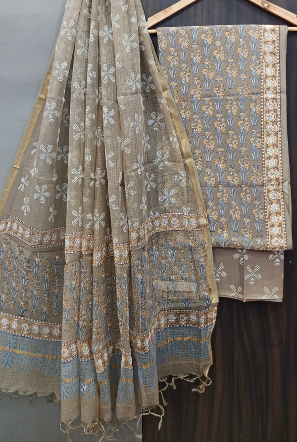 Premium Hand Block Print Pure Cotton Suit With Pure Cotton Kota Doria Dupatta - Leheriya