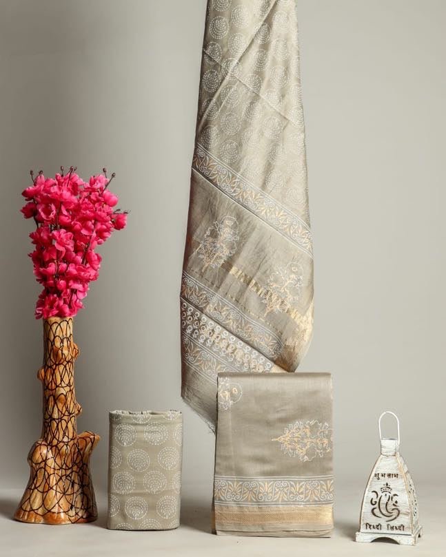 Premium Hand Block Print Pure Maheshwari Silk Unstitched Salwar Suit - Leheriya