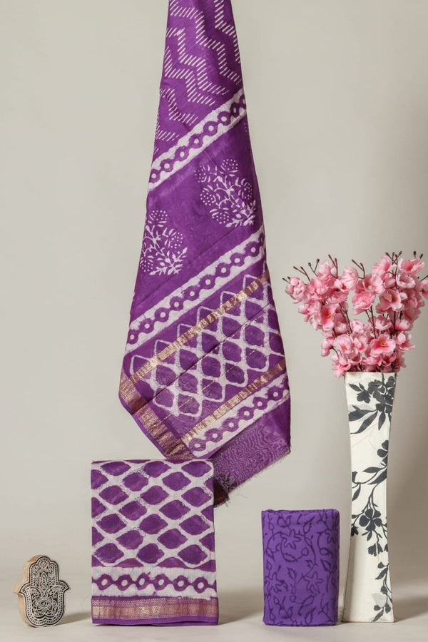 Premium Hand Block Print Pure Maheshwari Silk Unstitched Salwar Suit - Leheriya