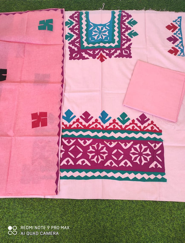 Premium Handcrafted Applique Work Pure Organdy Cotton Unstitched Salwar Suit - Leheriya