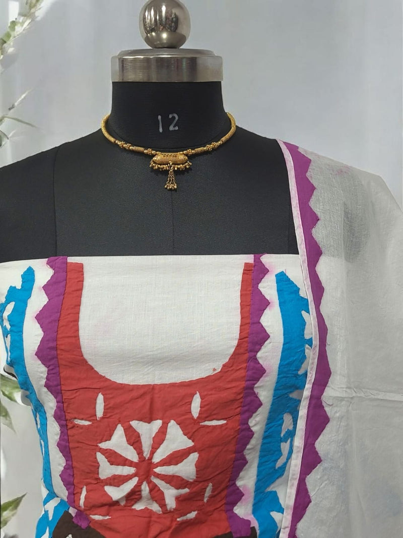 Premium Handcrafted Applique Work Pure Organdy Cotton Unstitched Salwar Suit - Leheriya