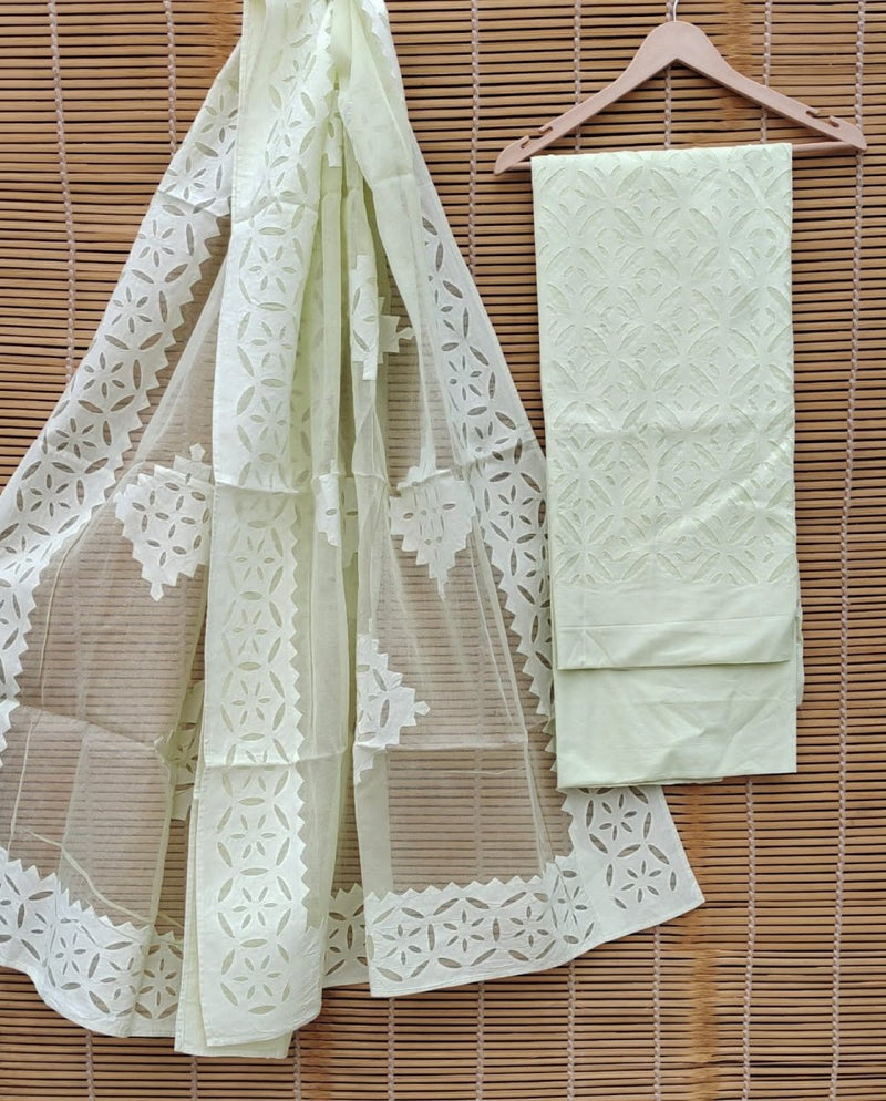 Premium Handcrafted Applique Work Pure Organdy Cotton Unstitched Salwar Suit - Leheriya