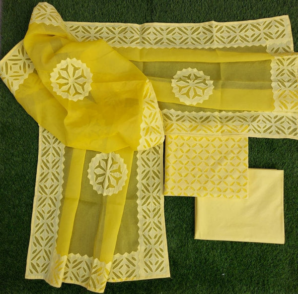 Premium Handcrafted Applique Work Pure Organdy Cotton Unstitched Salwar Suit - Leheriya