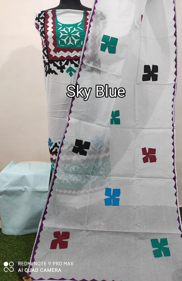 Premium Handcrafted Applique Work Pure Organdy Cotton Unstitched Salwar Suit - Leheriya