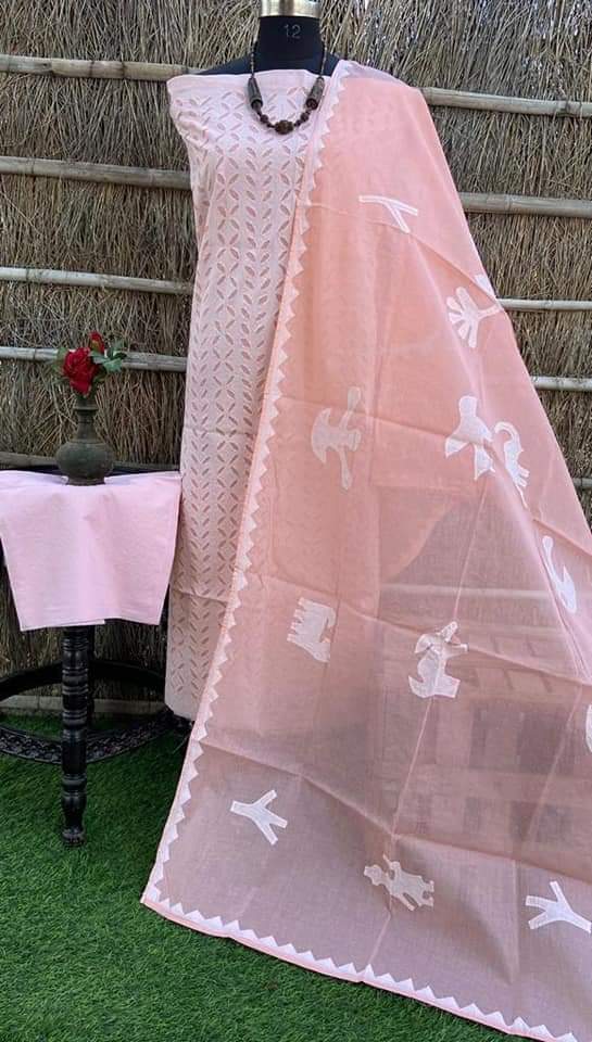 Premium Handcrafted Applique Work Pure Organdy Cotton Unstitched Salwar Suit - Leheriya