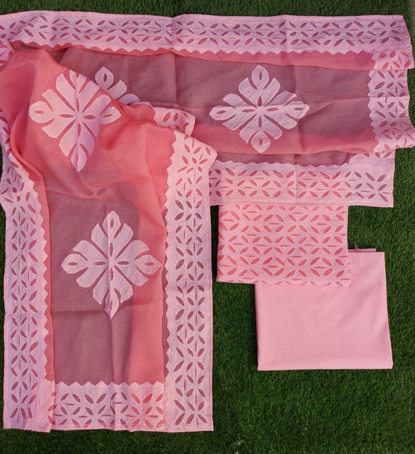 Premium Handcrafted Applique Work Pure Organdy Cotton Unstitched Salwar Suit - Leheriya