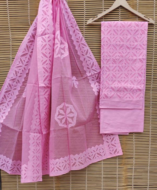 Premium Handcrafted Applique Work Pure Organdy Cotton Unstitched Salwar Suit - Leheriya