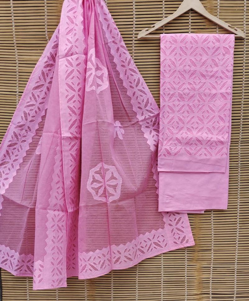 Premium Handcrafted Applique Work Pure Organdy Cotton Unstitched Salwar Suit - Leheriya