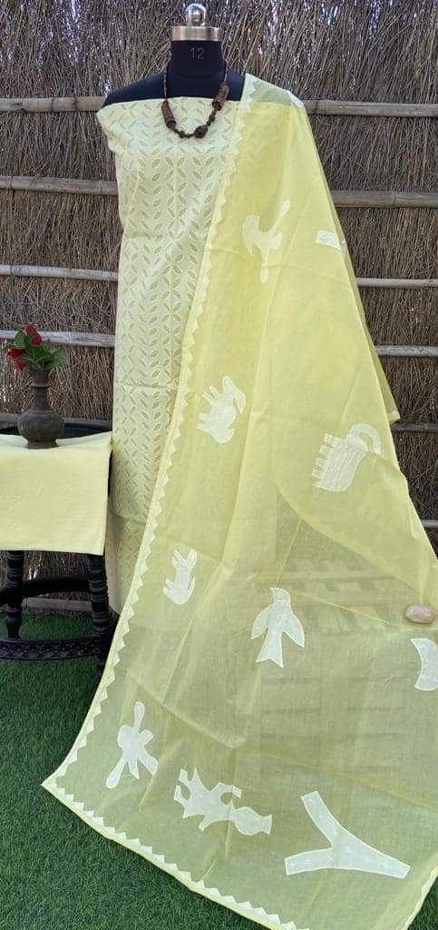 Premium Handcrafted Applique Work Pure Organdy Cotton Unstitched Salwar Suit - Leheriya