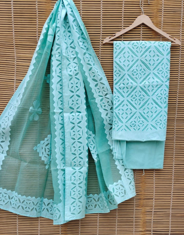 Premium Handcrafted Applique Work Pure Organdy Cotton Unstitched Salwar Suit - Leheriya