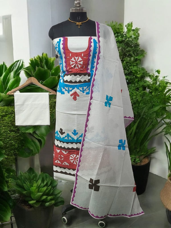 Premium Handcrafted Applique Work Pure Organdy Cotton Unstitched Salwar Suit - Leheriya