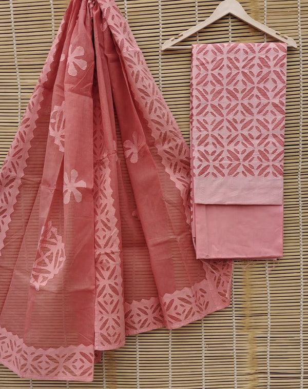 Premium Handcrafted Applique Work Pure Organdy Cotton Unstitched Salwar Suit - Leheriya