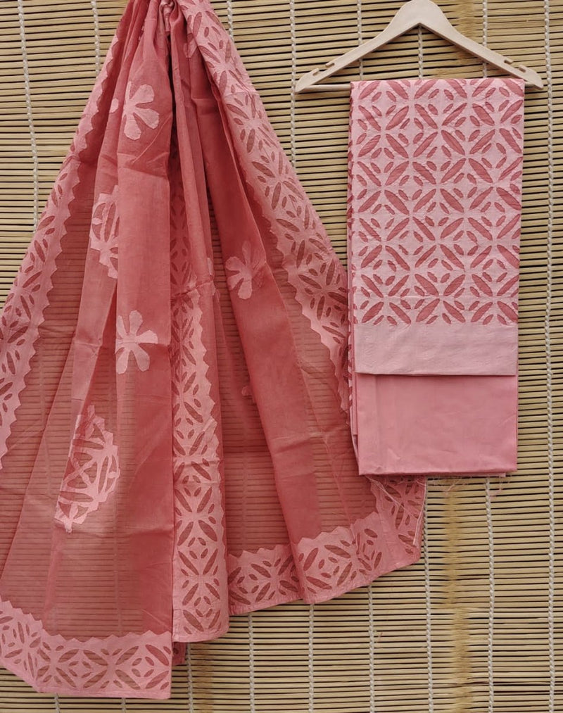 Premium Handcrafted Applique Work Pure Organdy Cotton Unstitched Salwar Suit - Leheriya