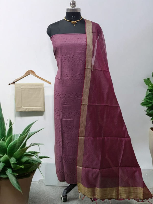 Premium Quality Katan Silk 3Pc Unstitched Slawar Suit with Chanderi Dupatta - Leheriya